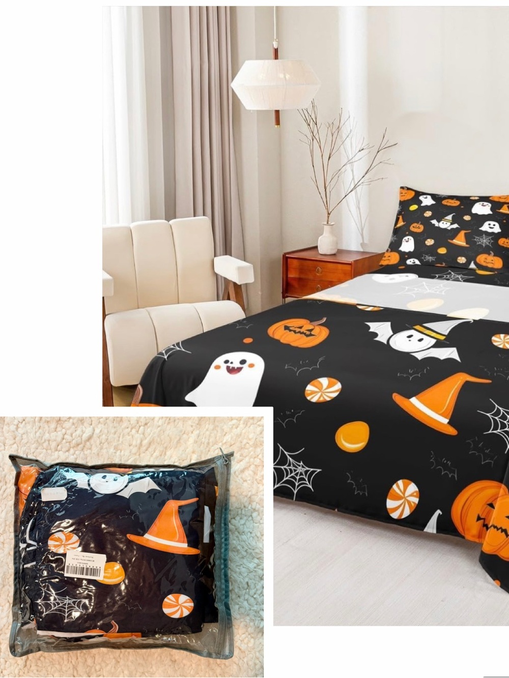 Feelyou Halloween Twin Sheet Set 3pc Ghost Pumpkin Witch Hat Fall Bedding NWT